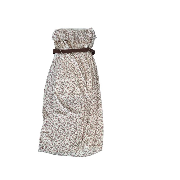 Allison Brittney Beige Boho Peasant Strapless Ruffle Cottagecore Belted Dress - Picture 2 of 8